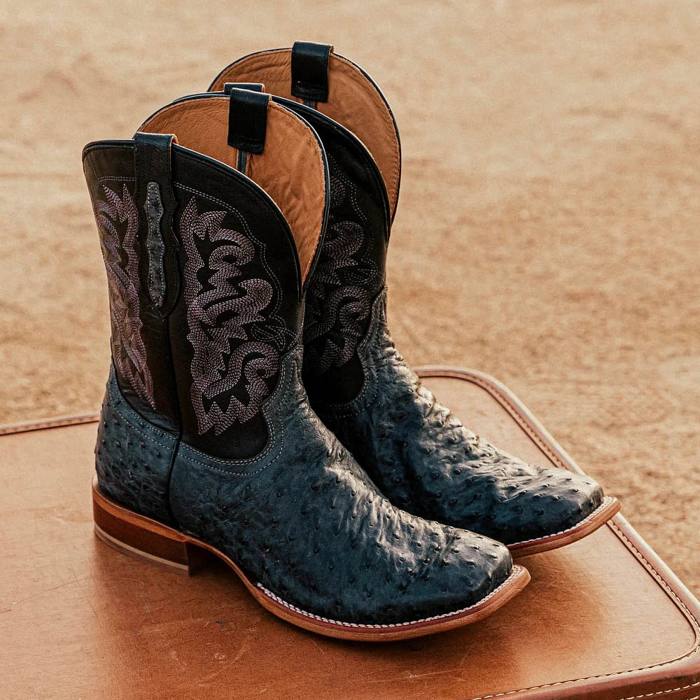 Featured Style: Moore 11” Full Quill Wide Square Toe Western boot in dark grey and black. Shop this style.